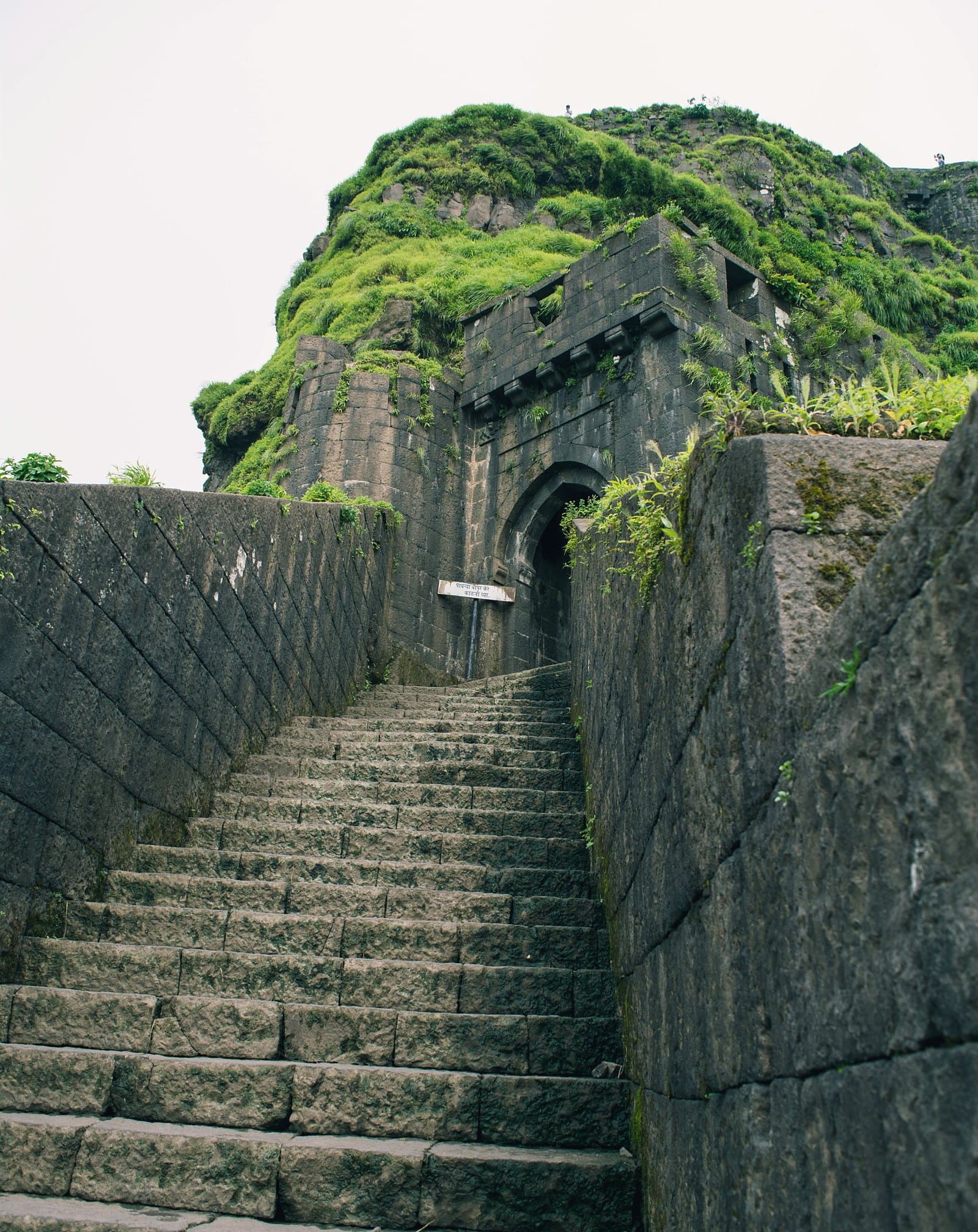Stone steps climbing to the gate of Lohagad fort, covered in monsoon green