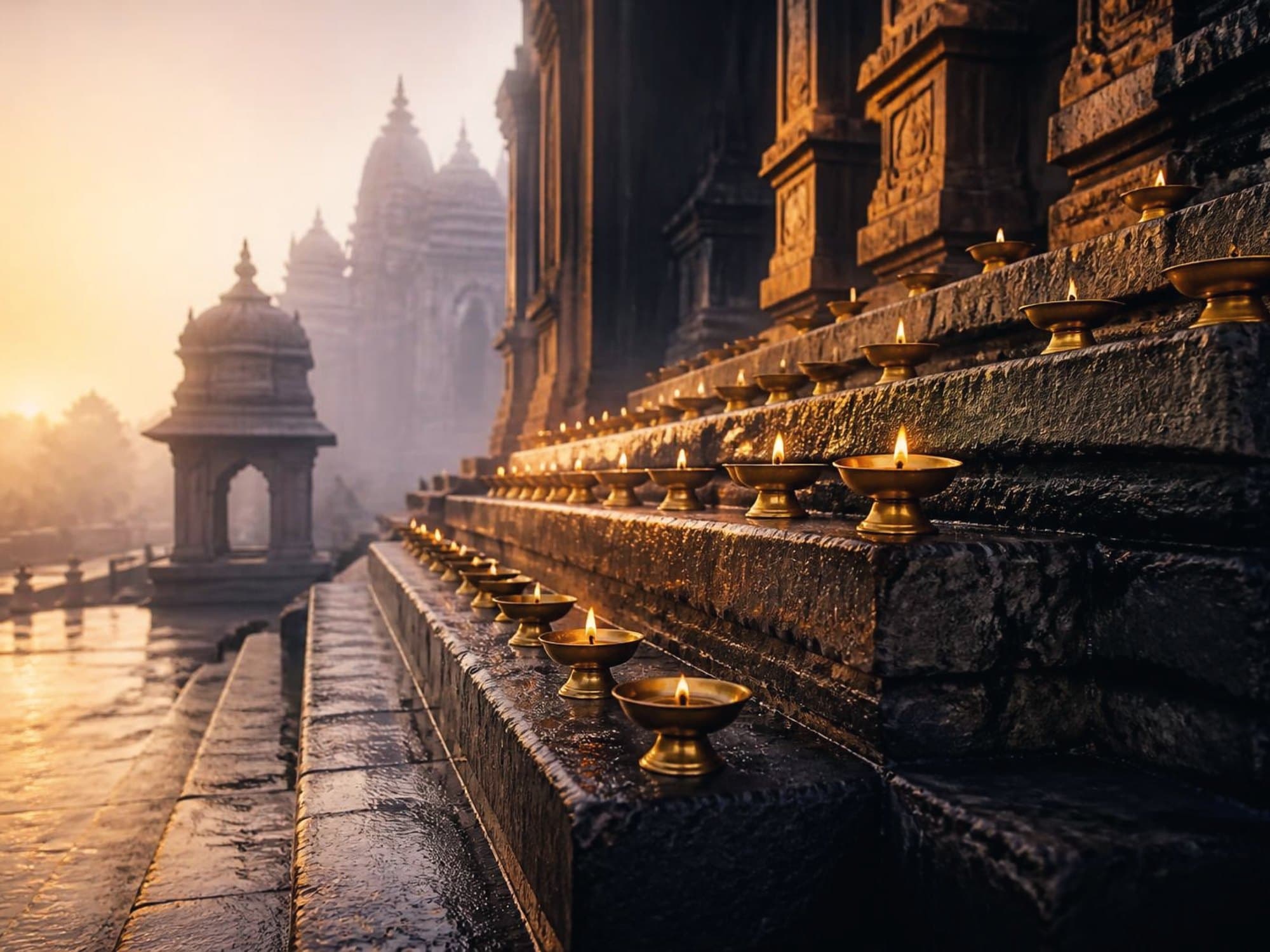 Brass diyas glowing along the stone steps of a temple at dawn